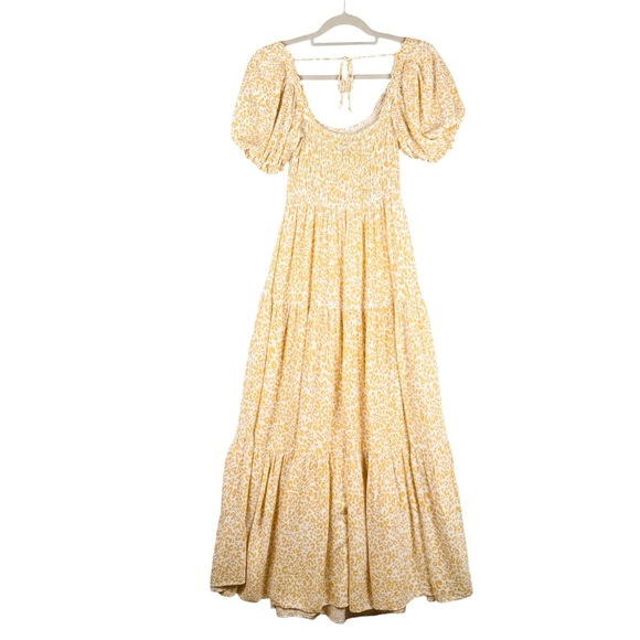Holly Molly Yellow print Smocked Maxi Dress Size Small Tiered - Picture 5 of 9